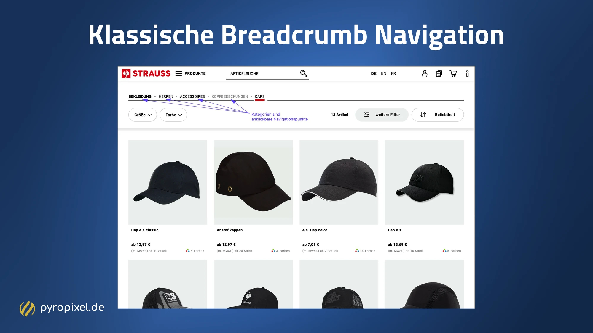Klassische Breadcrumb Navigation auf strauss.de