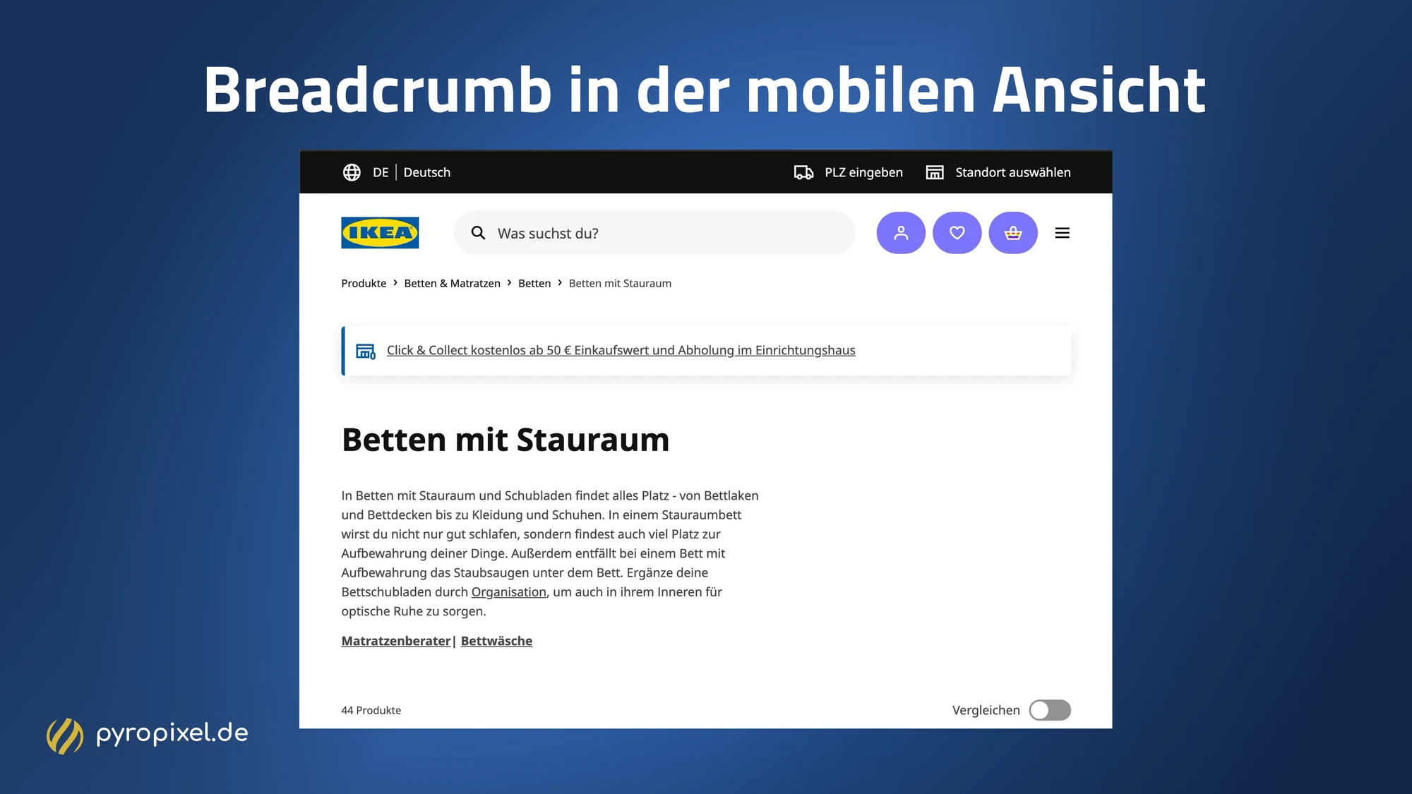 Klassische Breadcrumb-Navigation in der mobilen Ansicht auf ikea.de