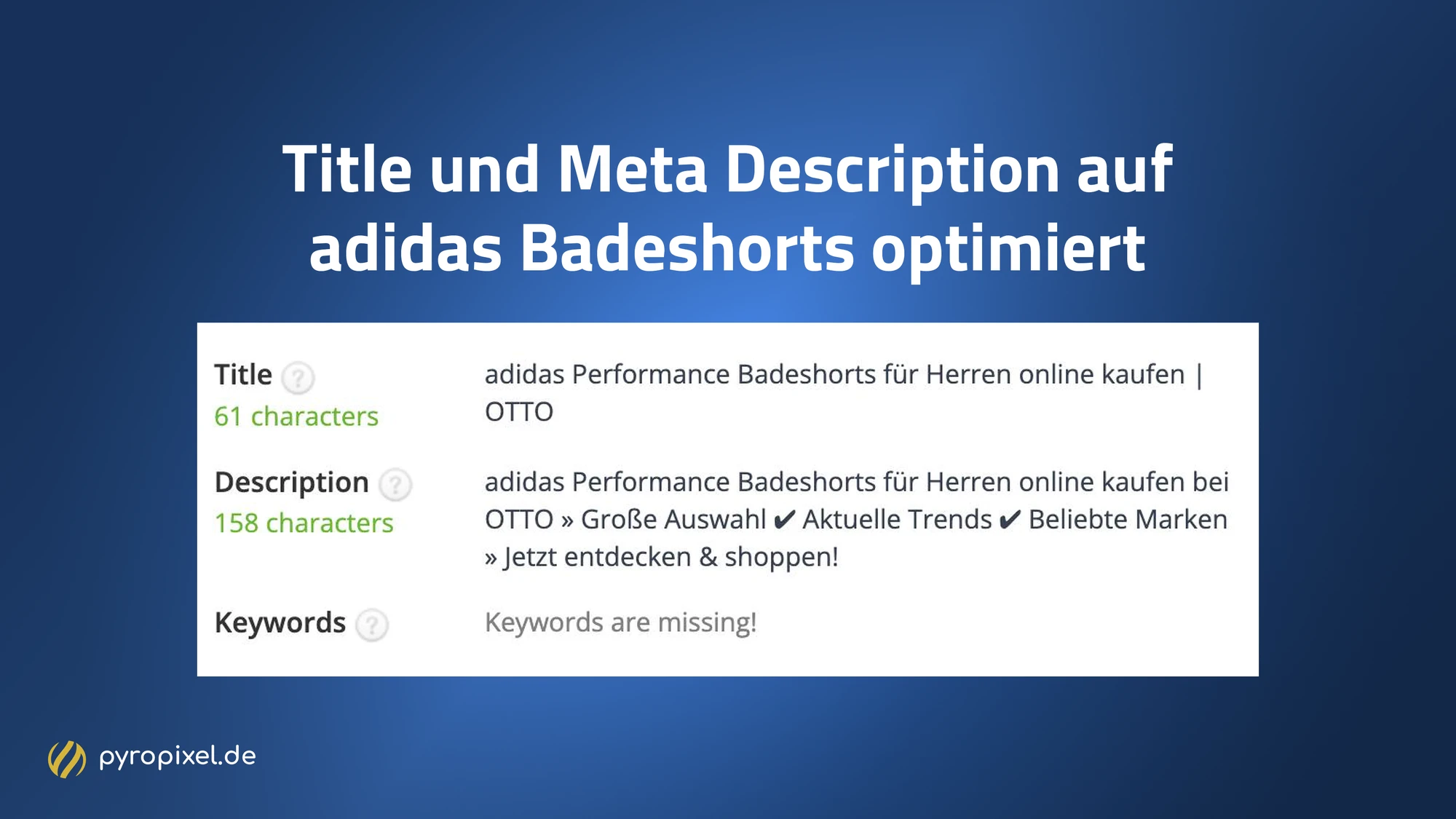 Title und Meta Description für Marken-Kategorieseite adidas Performance Badeshorts auf otto.de