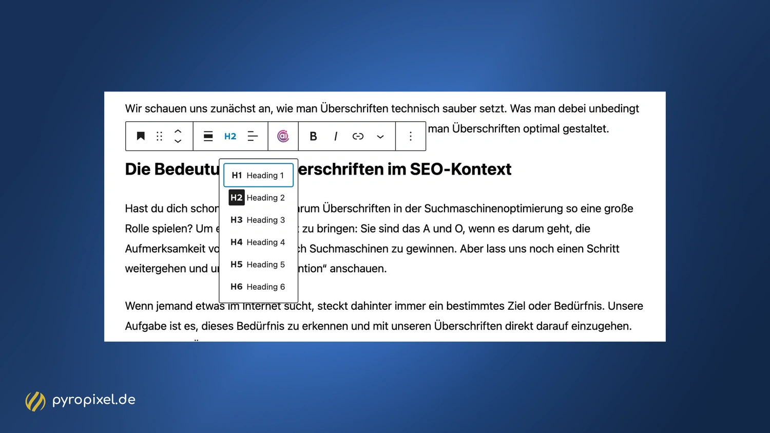 Überschriften Block im Gutenberg Editor