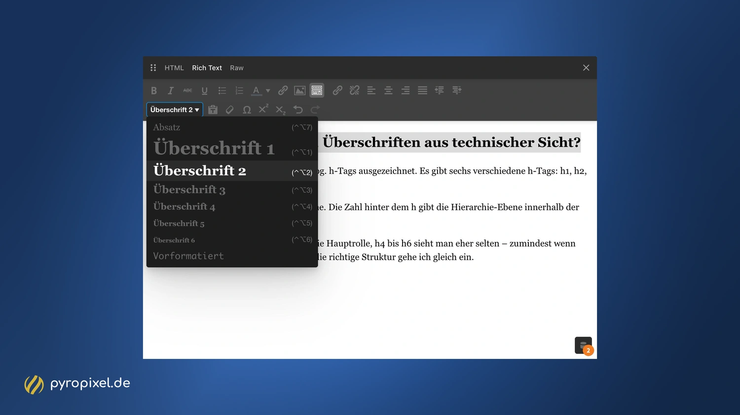 Überschriften im TinyMCE Editor