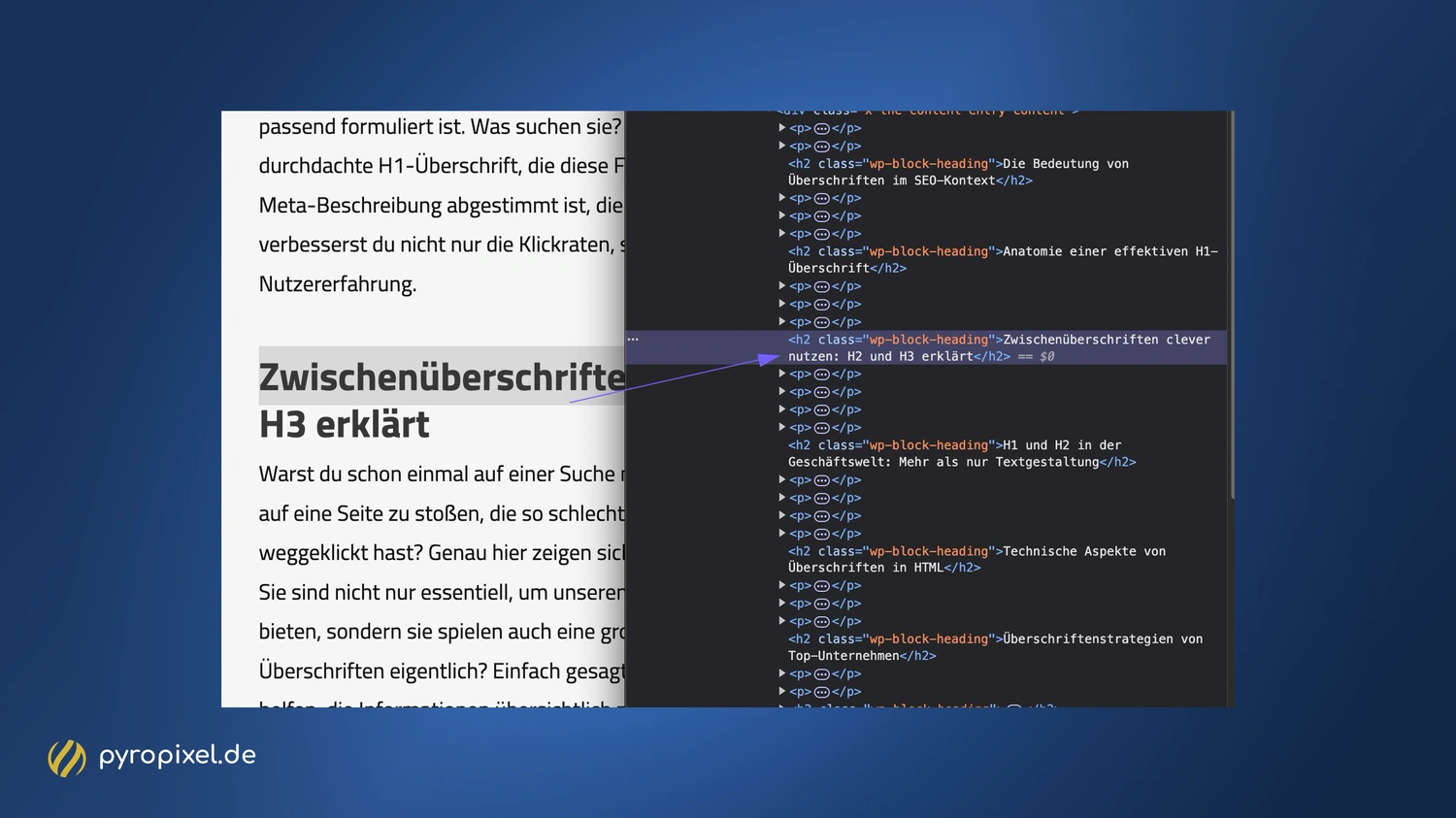 Die H2-Überschrift im Code der Webseite